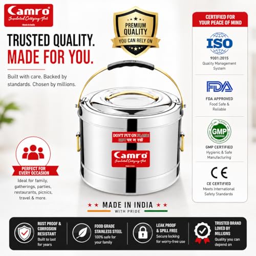 Image of Camro Sambar Pot Stainless Steel 20 Liters | Sambar Container with Lid | Casserole for Cooking | Canteen & Hotel Casserole Container | Picnic HotPot | Biryani Box Puff Insulated Hot & Cold Serving
