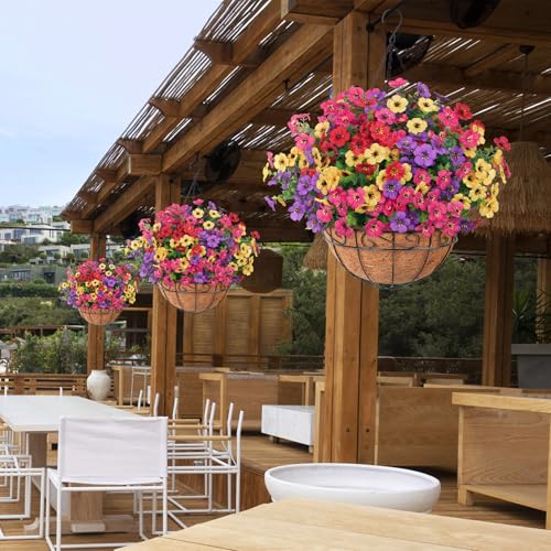 Image of Bassion Artificial Hanging Silk Flowers for Outdoors with Basket, Mixed | Fake hanging plants with basket, silk daisy flowers, UV resistan, for porch balcony patio home spring summer decoration
