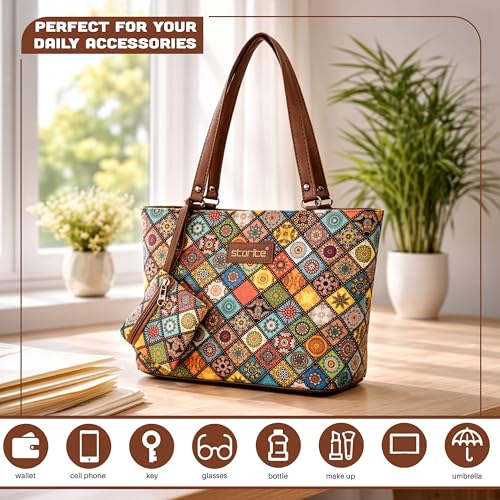 Image of Storite Women's Tote Bag with Leather Handles & Embroidery Printed Handbag with Zip Pockets, Shoulder Tote Bag and Handbag for Office and College