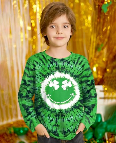 Image of Unisex Kids St. Patrick's Tie Dye Irish Clover Long Sleeve Shirt Shamrock Green Sweatshirt 6-14 Years