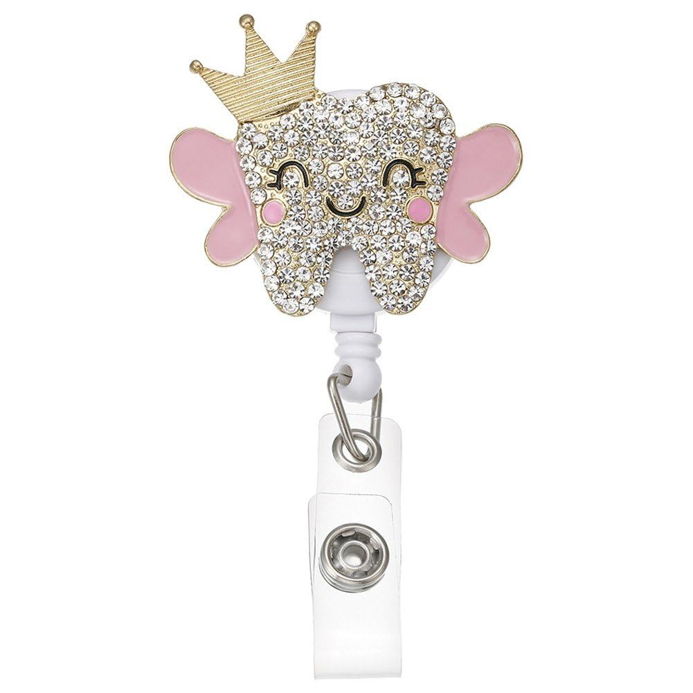 Lpitoy Bling Rhinestones Tooth Badge Holder Cute Retractable Id Badge Scroll Id Card Holder, Badge Reel Suitable for Nurse Doctor Dentist