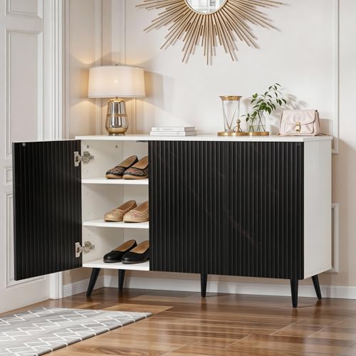 Image of ABOUT SPACE Shoe Cabinet - 3 Tier Shoe Rack with Door | Press Open 3 Door Engineered Wood Shoes Stand for Home | Smooth Non-Fluted-Effect Adjustable Shelf Raised Legs, 15 Pair Storage |White & Black