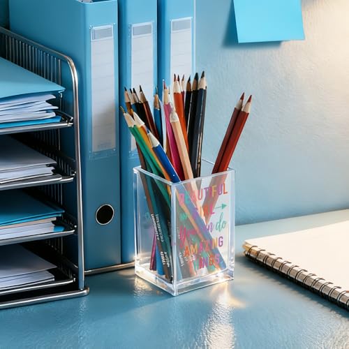Image of Beautiful Girl You Can Do Amazing Things Acrylic Cosmetic Holder, Inspirational Makeup Brush Holder Gifts, Encouragement Gifts for Teens Women, Bathroom Vanity Storage for Makeup Brushes