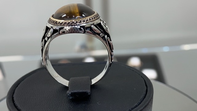 Sterling Silver Filigree Men's Ring With Tiger's Eye Stone - 925K Stamped, Handmade