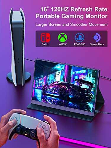 Image of 120Hz Portable Gaming Monitor, 16 inch 1920x1200 IPS Second Monitor for Laptop, Dual USB-C HDMI Computer Display with Speakers, Dual Game Screen Extender for PC, Phone, PS5, Xbox, Switch