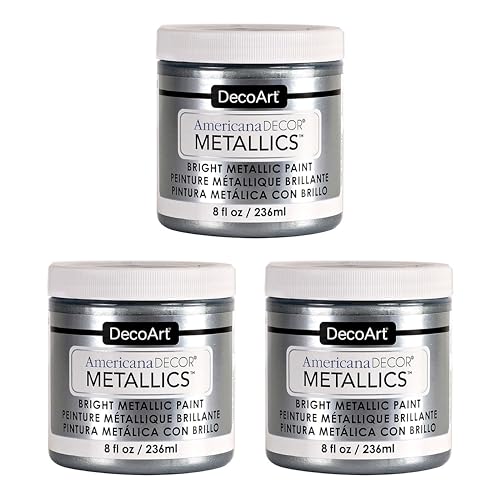 DecoArt Americana Decor Metallics Paint – Sterling Silver, 3 Pack (8 fl oz) – DIY Metallic Paints for Furniture, Home Décor & Craft Projects