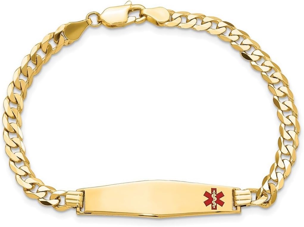 JewelryWeb 8.5mm 14k Solid Yellow Gold Medical Soft Diamond Shape Red Enamel Flat Curb Link ID Bracelet Identification Bracelet for Women