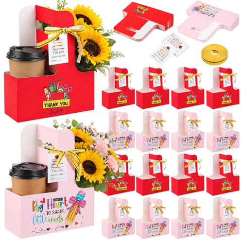 30 Set Teacher Appreciation Gifts, 2 Cups Drink Carrier with Handle, Kraft Paperboard Teacher Cup Holder for Cold Hot Drinks, Coffee Carrier with Thanks Cards Ribbon for Graduation Back to School by MotiMind - Used condition - US$25.64