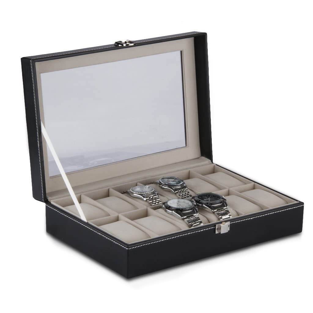 XBTGS Uhren-Vitrine mit 12 Fächern, Aufbewahrungsbox für Armbanduhren, Schmuck-Organizer,