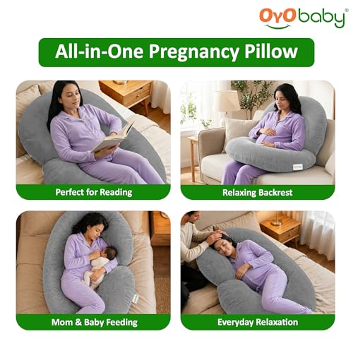 Image of OYO BABY C-Shaped Pregnancy Pillow for Women | Full Body Maternity Support Pillow for Sleeping | Side Sleeper Pillow for Back, Belly, Hips & Legs | Soft Velvet Cover, Removable & Washable (Light Grey)