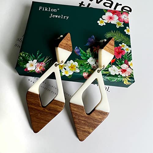 Fiklon Wooden Earrings For Women, Wood Earrings Dangle African Earrings For Black Women Simple Lightweight Resin Drop Long Leaf Geometric Earrings Statement Jewelry (Double Rhomboid-White) #TOP4