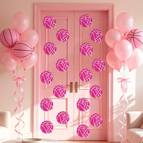 Image of Hot Pink Basketball Glitter Cutouts for Breast Cancer Awareness Supplies | 100Pcs Glitter Pink Basketball Cuts for Sports Party Birthday Favor Sports Ball Shape DIY Paper Cuts for Bulletin Board Decor