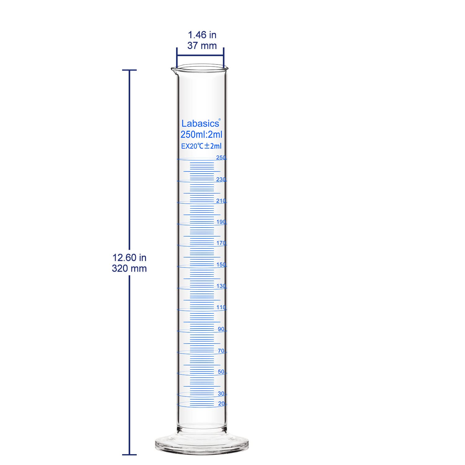 Labasics Cylinder Miarowy 4-Pack Szkło Borokrzemowe 250 ml Cylinder Pomiarowy z Grubą Ścianką Górna Warga Rozszerzona Naczynie Laboratoryjne