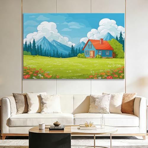 Impression sur toile dessin animé maison vert avec cadre en bois stable 140x70