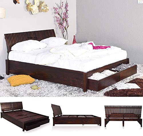 Image of Sheesham Wood Queen Size Bed with Storage for Bedroom Living Room Home Hotel Wooden Double Bed Cot Palang Furniture (Dark Brown Finish)| 1 Year Warranty