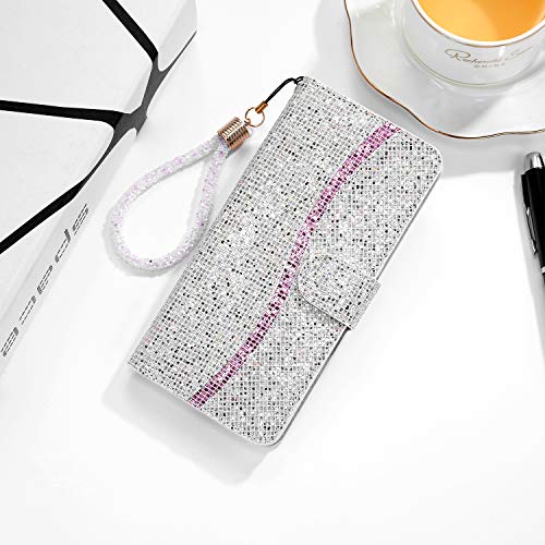 Guppy Compatible with iPhone 12 Glitter Wallet Case with 2 Credit Card Holder Slots Bling Diamond Sequin Flip Stand Purse PU Leather Soft Bumper Protective Cover Case 6.1 inch Silver