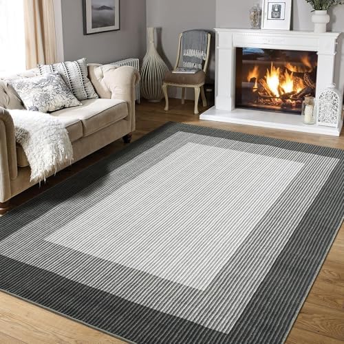 GarveeHome Machine Washable Rugs 5x7 Rugs for Bedroom Living Room, Modern Border Solid Rug Non-Slip Stain Resistant Neutral Accent Carpet for Dining Room Table Apartment Office Grey