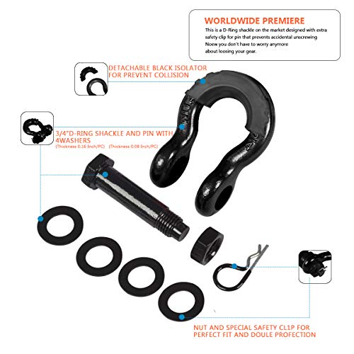 Ambull Shackles 3/4 Inch D Ring Shackle (2 Pack) 45,000Lb Break Strength With 7/8 Inch Pin, Isolator And Washer Kits For Use With Tow Strap, Winch, Off-Road Jeep Truck Vehicle Recovery, Black #TOP4