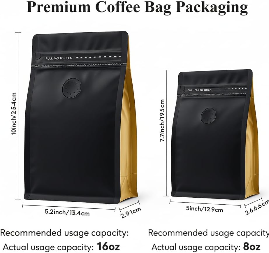 Miniatura 7 de 50 bolsas de café con válvula, bolsa de granos de café con bolsas de cremallera sellables con calor y válvula, granos de café negros y amarillos,