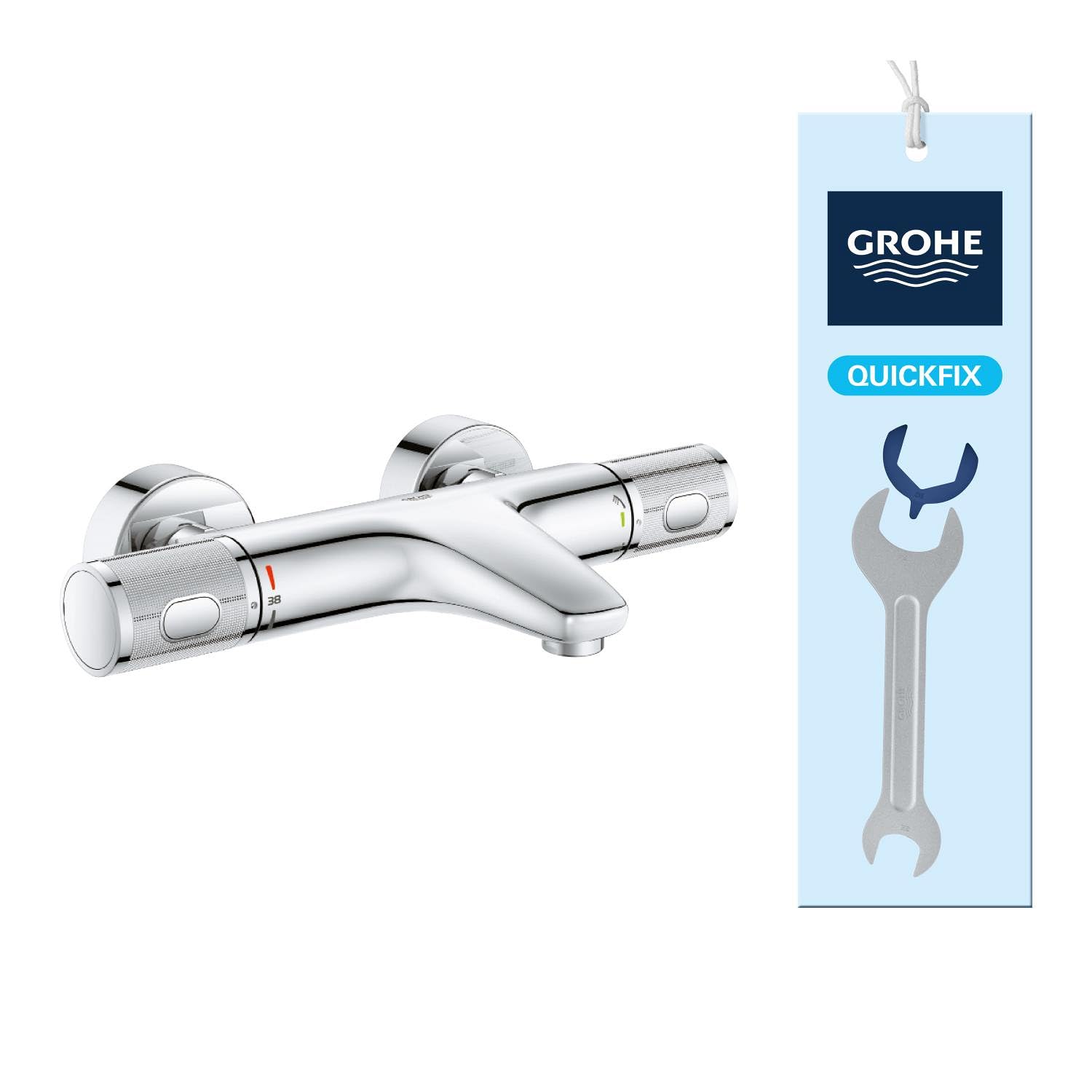 GROHE Precision Feel – Wall Mounted Exposed Thermostatic CoolTouch Bath Mixer (Diverter Bath/Shower, Knurl Grip, Safety Button at 38°C, EcoButton, Metal Escutcheon), Size 313 x 173mm, Chrome, 34788000