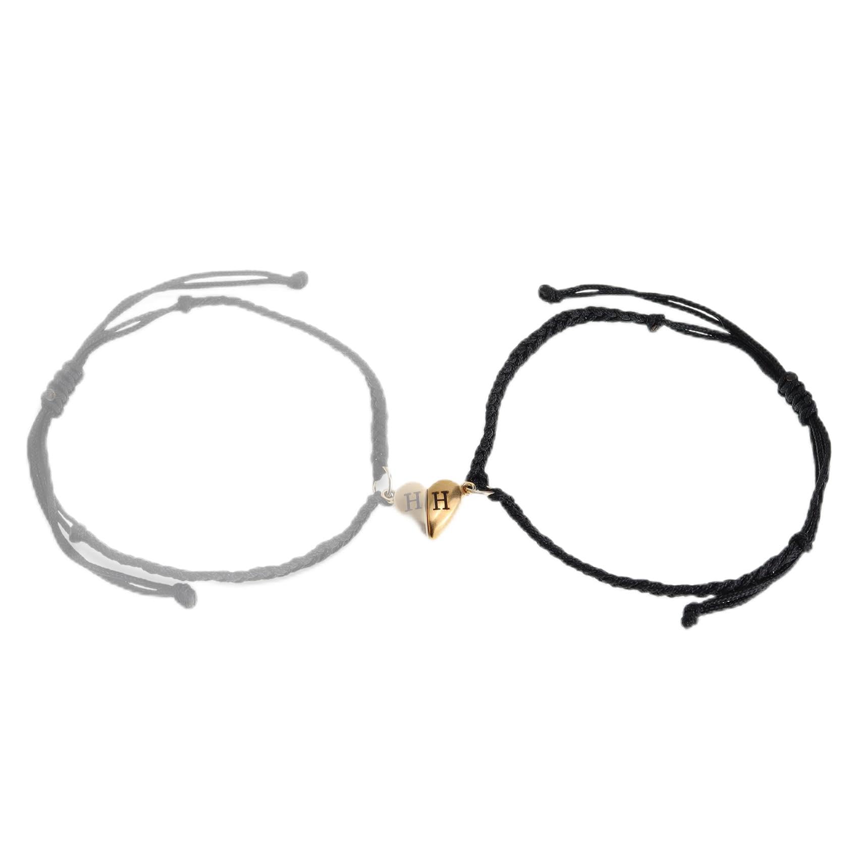 Agriajun Matching Bracelets for Couples, Gold Heart Initial Friendship Adjustable Bracelet Women Cute Match Charm Letter Name Black Braided Rope Valentines Bf Gf Friends Jewelry Gift