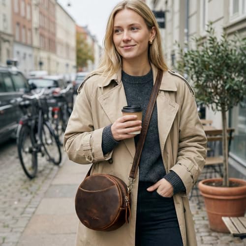 Image of S-ZONE Leather Crossbody Bags for Women Circle Shoulder Round Purse Travel