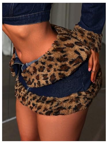 MakeMeChic Women's Leopard Faux Fur Denim Mini Skirts Going Out High Waisted Y2K Jean Skirts3