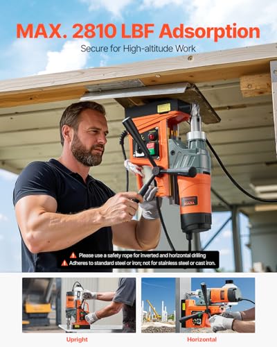 Image of VEVOR Magnetic Drill, 1450W Motor 1.6 in Boring Diameter, 2810 lbf Portable Electric Mag Drill Press, with 2 Coring Bits, Variable Speed, Drilling Machine for Metal Surface, Home Improvement Industry