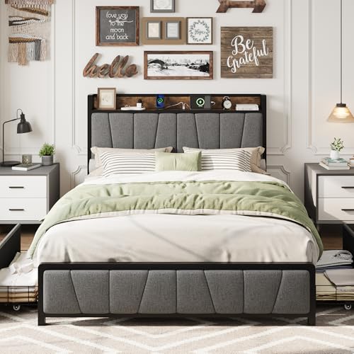 Image of GAOMON Full Size Bed Frame with Storage Headboard and 2 Drawers, Linen Upholstered Platform Bed Frame with Charging Station, Heavy Duty, No Box Spring Needed, Easy Assembly, Noise Free, Grey&Brown