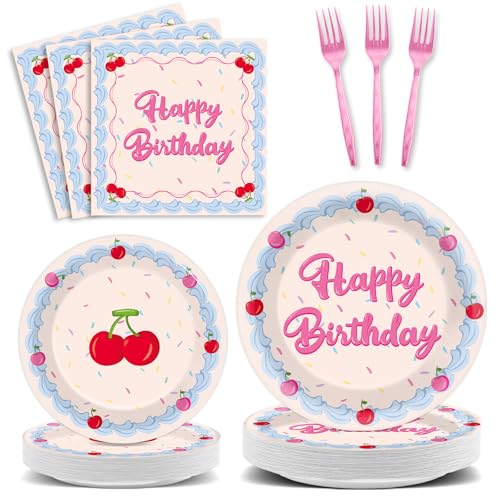 Image of 96pcs Cherry Happy Birthday Party Decoration Pink Cherry Cake Paper Plates and Napkin Blue Cream Border with Rainbow Sprinkles Tableware Set Pink Icing Party Supplies for Girl Women Birthday Serves 24