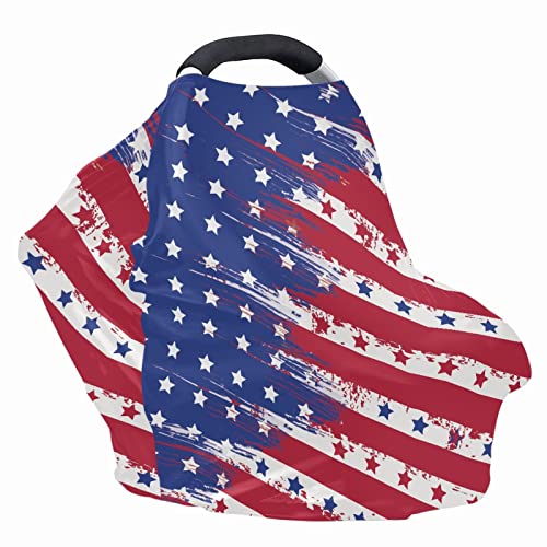 Image of Coldinair American Flag Print Car Seat Cover for Babies Boys Girls,Soft Stretchy Nursing Cover,Breathable Infant Carseat Canopy,Shopping Cart /High Chair /Stroller Covers