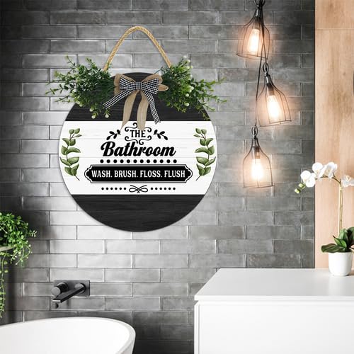 'The Bathroom Was Brush Floss Flush Sign For Bathroom Door', rustykalny okrągły drewniany wieniec, śmieszne znaki łazienkowe do drzwi, wiejskie znaki toaletowe dekoracja 30 cm
