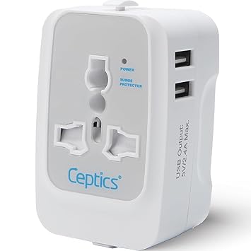 Ceptics Universal Charger Adapter, 3 in 1 Universal Travel Adapter All in One, Universal Travel Accessories 2 USB 2.4A, 100-250 Voltage Travel Charger, International Travel Adapter, White