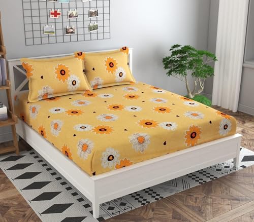 Image of KAWI Elastic Fitted Bedsheet Cotton Blend Double Bed with 2 Pillow Cover (72 inch X 78 inch)- Cream Colour-Yellow Colour Print
