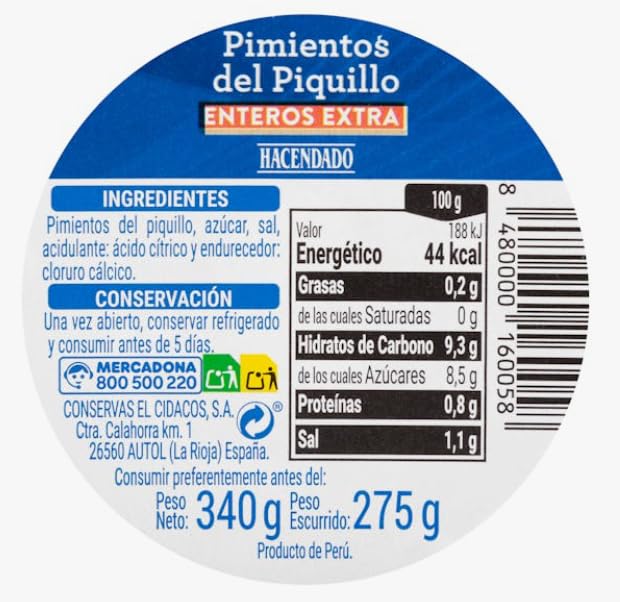 Pimientos del Piquillo Interi, Peperoni Rossi Interi in Vetro, 340g, Prodotto dalla Spagna, pack 4