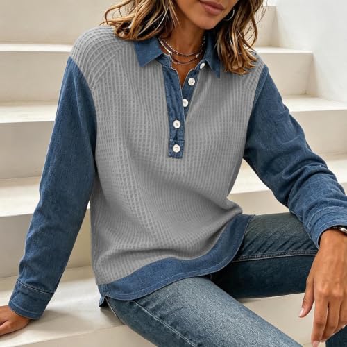 Waffle Tops for Women Denim Patchwork Collared Button Casual Shirts - image 3