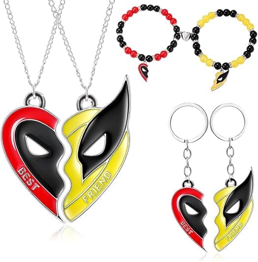 6PCS Deadpl and Wolvers Necklace-Bracelets-Keychains Set, Superhero Series Best Friend Necklace Keychains Friendship Gifts for Men Women Couples