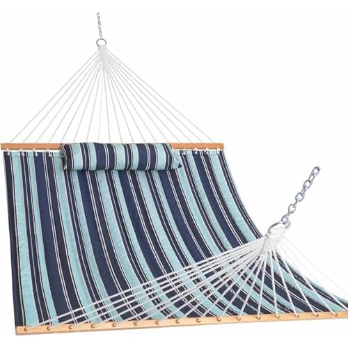 Lazy Daze Hammocks 12FT Quilted Fabric Hammock with Pillow, Double 2 Person Hammock with Spreader Bar for Outdoor Outside Patio Garden Yard Pool Beach QFH034 Aqua Navy