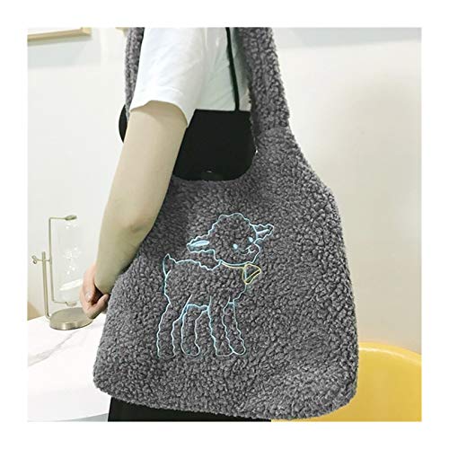 WQWY Tasche Frauen Lamm Stoff Umhängetasche Leinwand Handtasche Tote Große Kapazität Stickerei Einkaufstasche Nette Buchtasche 1 stücke Tragetasche (Color : Grau) Cover