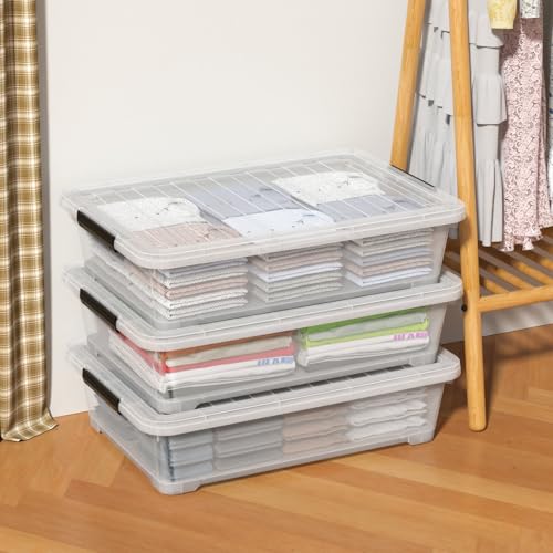 Image of 42 L 3 Packs Clear Plastic Under Bed Storage Container with Lid and Wheels, Underbed Stackable Boxes