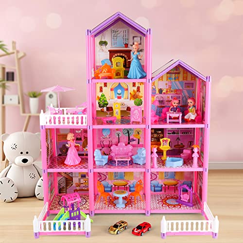 deAO Princess My first Dolls House, Kids Pink Grand Four Story Castle Dolls House Playset With Furniture & Accessories Included Outdoor Space Open Sided Princess Castle Playset for Girls