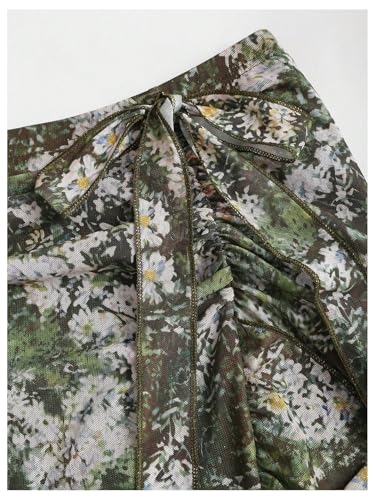 Women's Floral Long Mesh Skirt Vintage Ruffle Elastic High Waisted A Line Boho Flowy Skirts3