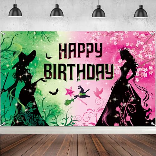 Pink and Green Birthday Backdrop Party Decorations Witch Themed Happy Birthday Backdrop Banner Photo Booth for Princess Girls Women Castle Party Supplies Decorations