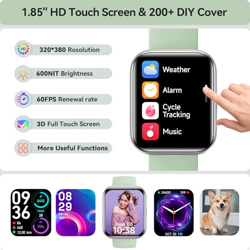 Image of Smart Watches for Women, 1.85 inch HD Smart Watch for Samsung /iPhone /Android, Fitness Tracker with 24 /7 Heart Rate /Sleep /SpO2 Monitor, Smartwatch 120+ Sports Modes 3ATM Waterproof (Green, 1.85)
