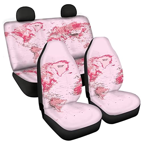 Image of Modysero World Map Print Pink Seat Covers for Cars Full Set Elastic Durable Non Slip Two Front Seat Cover Rear Bench Universal Car Seat Protector Fit Trucks SUV Comfort Soft Automotive Seat Cover