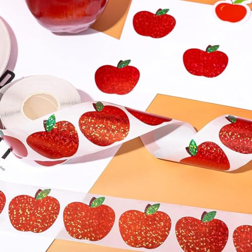 Image of 500Pcs Back to School Apples Stickers Roll Red Laser Sparkly Apples Label 1in Waterproof Decals Self-Adhesive Holographic Stickers for Envelope Scrapbook Decor First Day of School Party Supplies