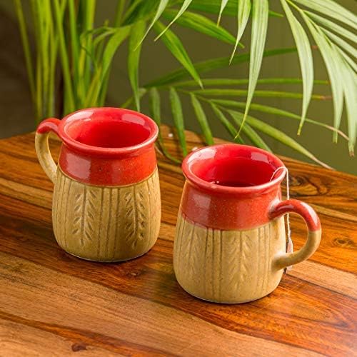 Western Eiderdown Presents Leaf Sips Handcarved and Handglazed Ceramic Tea Cups and Ceramic Coffee Mugs (Studio Pottery, Microwave Safe)-Tea Mugs/Coffee Mug Set of 2 Ceramic #Aport-209