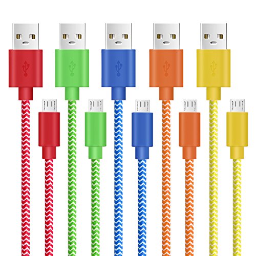 Android Charger Cable, Pofesun USB to Micro USB Cable (6.6ft, 5 Pack) Nylon Braided Fast Charging Cord Compatible Samsung Galaxy S6 S7 Edge Note 5,PS4,MP3,HTC,Smartphones(Blue,Red,Yellow,Green,Orange)