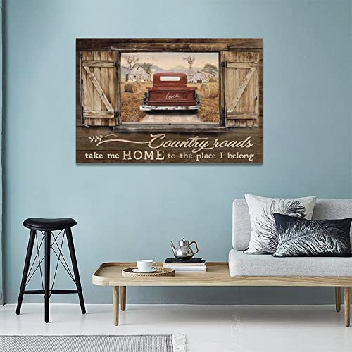 remzoke Farmhouse Wall Art Rustic Truck Pictures Wall Decor Country Old Barn Landscape Canvas Painting Prints Country Roads Take Me Home Modern Artwork Home Decor for Bedroom Living Room 24''x16'' - Image 4