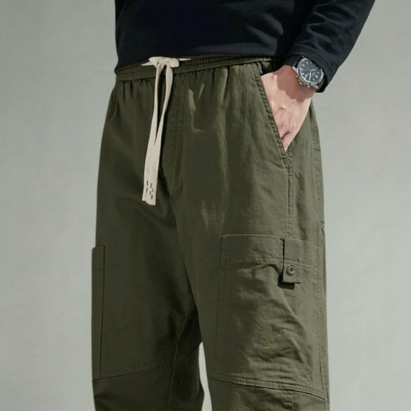 Image of Cargo for Men | Cotton Cargo Pant | Lower for man | Elastic Drawstring Waist Straight Fit Bottoms | Comfortable Breathable Summer Cargos for Casual, Office Wear